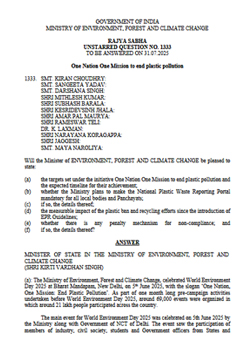Ministry of Environment, Forest and Climate Change Rajya Sabha Unstarred Question